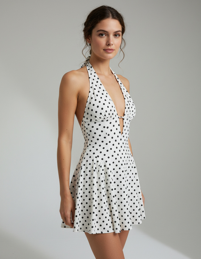 Amandine Polka-Dot Deep-V Halter Mini Dress