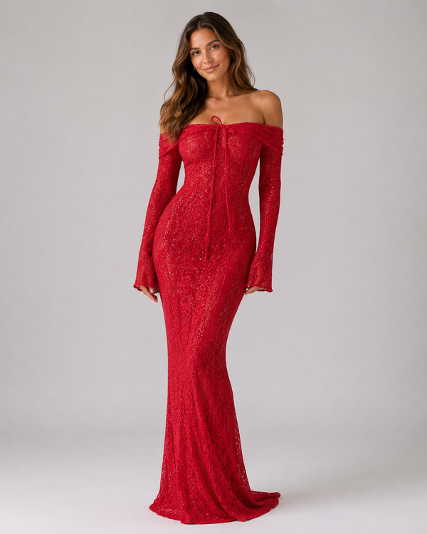 Zoya Lace Long-Sleeve Evening Maxi Dress