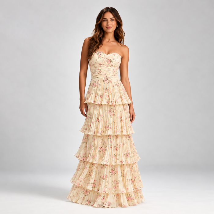 Evangeline Printed Chiffon Tiered A-Line Evening Gown