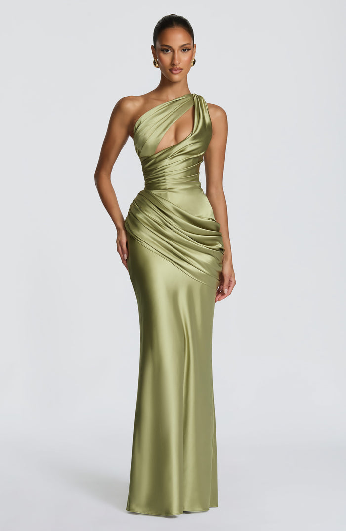 Emina One-Shoulder Satin Maxi Dress - Light Olive - product image 1