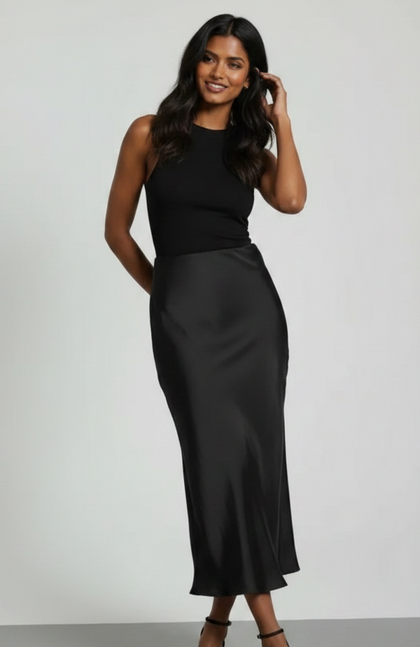 Valentina Satin-Look High-Waist Midi Skirt
