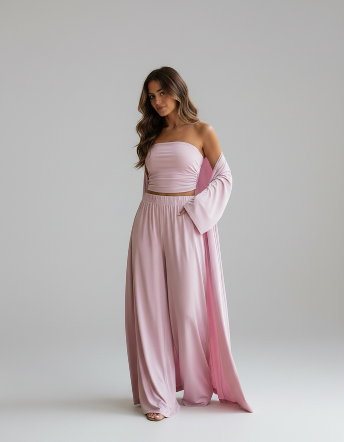 Blythe Strapless Vest, Long Cardigan & Wide-Leg Trouser Set