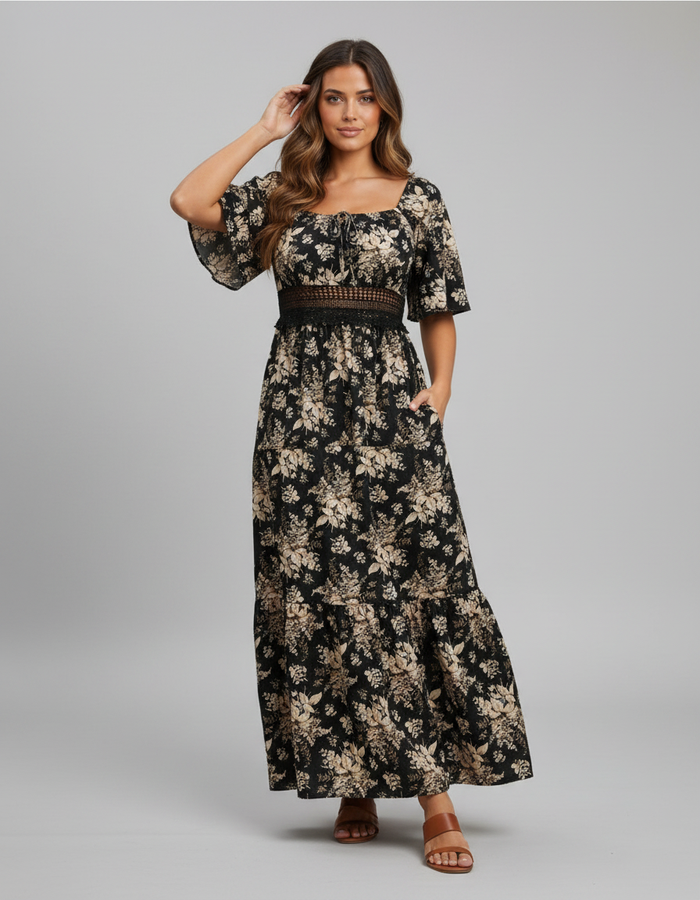 Arabella Curve Floral Knot-Front Maxi Dress