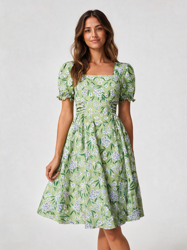 Avelise Square-Neck Lace-Sleeve A-Line Midi Dress