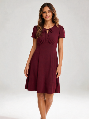 Abrienna Tie-Neck Puff-Sleeve A-Line Midi Dress