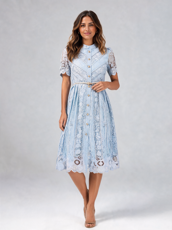 Pomeline Cutwork-Embroidered Pearl-Belt Midi Dress - Blue