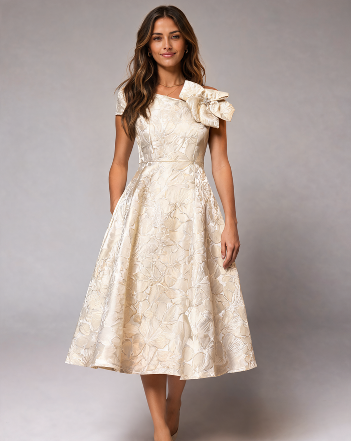 Oriane 3D Floral-Brooch Jacquard A-Line Midi Dress - White