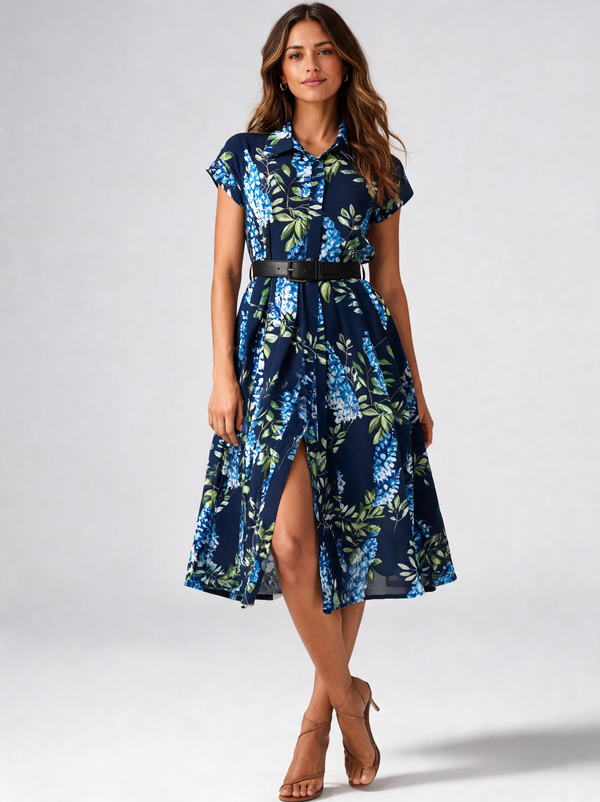 Olympe Wisteria-Print Button-Front Belted Midi Dress - Blue