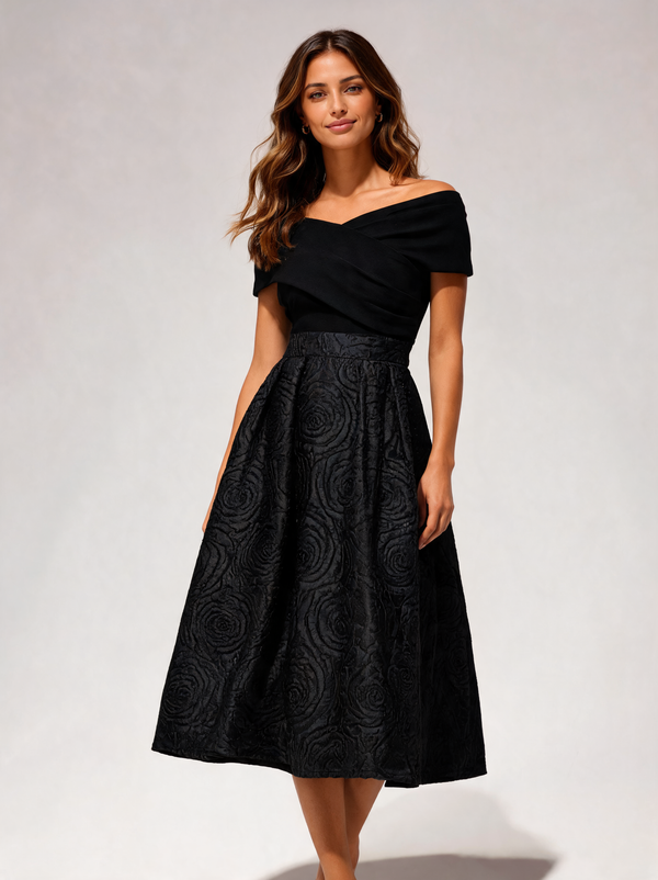 Nephele Rose-Jacquard Off-Shoulder A-Line Midi Dress - Black