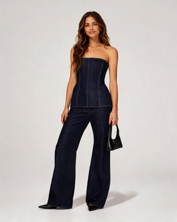 Elowyn Strapless Denim Top & Wide-Leg Trousers Set - Navy