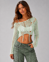Neriyne Distressed Slash-Neck Knit Crop Sweater