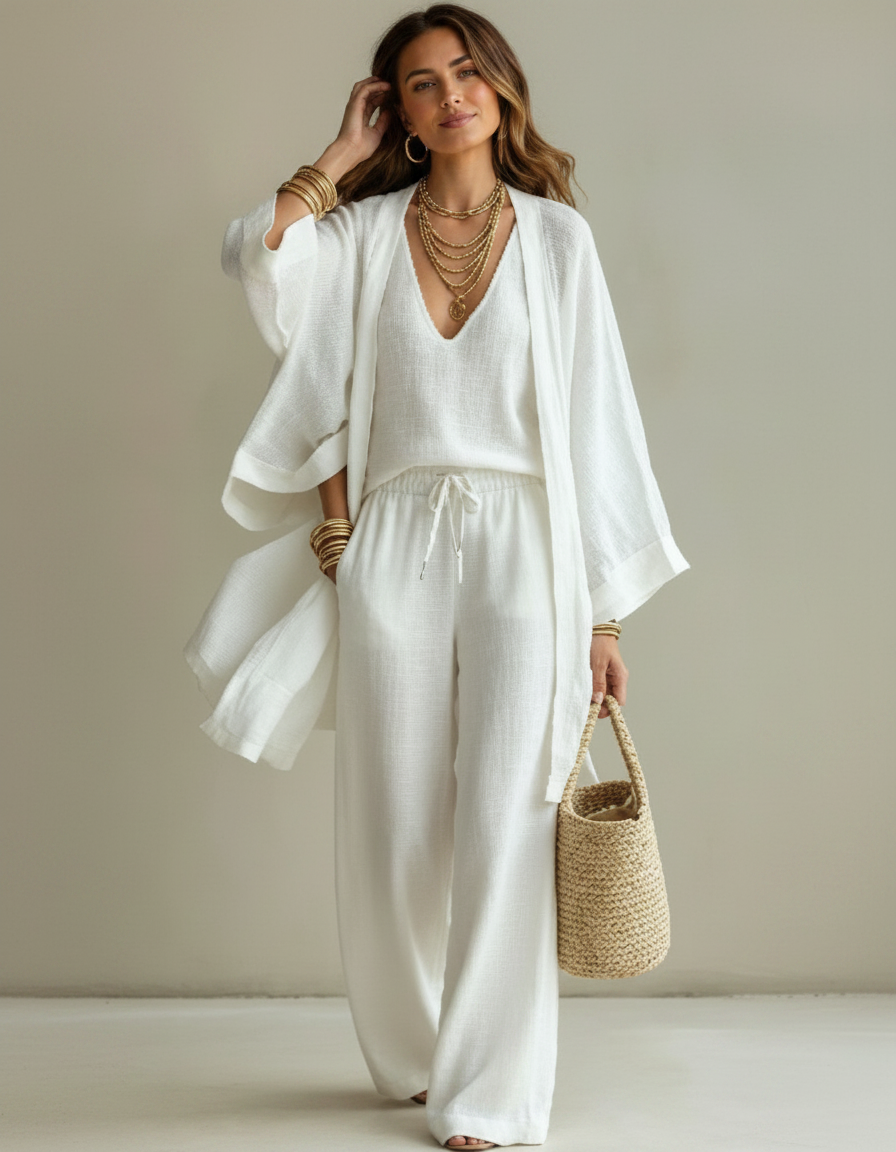 Colette Three-Piece Cardigan, Top & Trouser Set