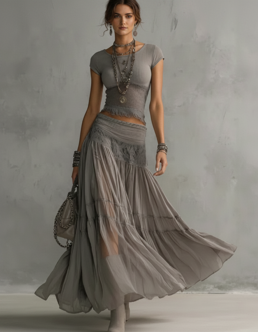 Clara Short-Sleeve Top & Lace-Trim Maxi Skirt Set