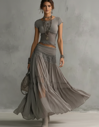 Clara Short-Sleeve Top & Lace-Trim Maxi Skirt Set