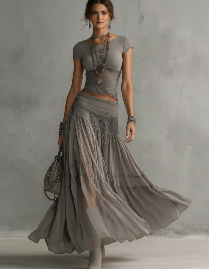 Clara Short-Sleeve Top & Lace-Trim Maxi Skirt Set