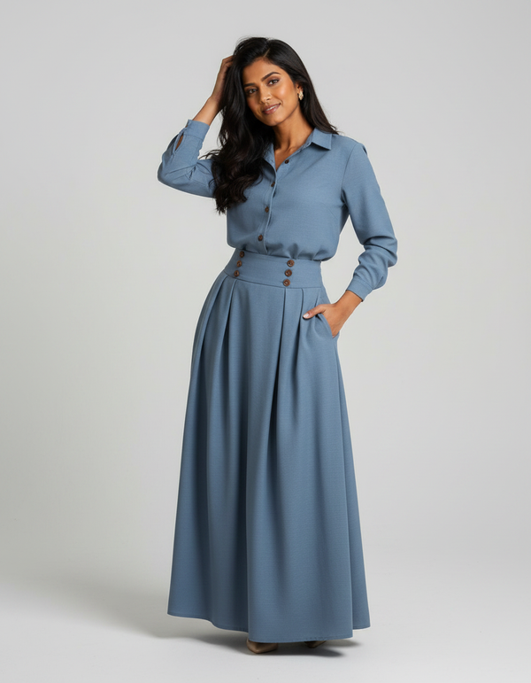Elara Collared Shirt & Maxi Skirt Set
