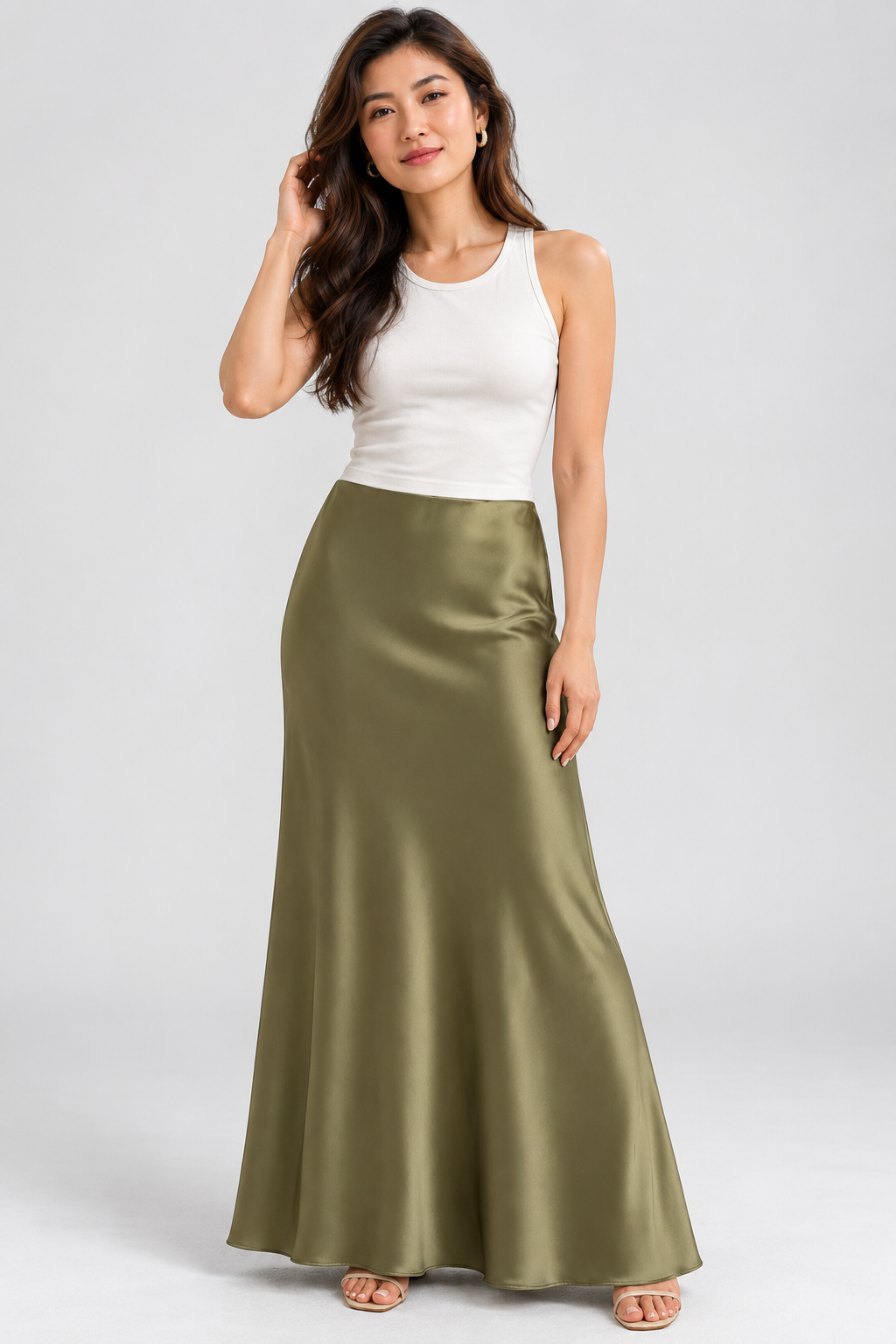 Calla Satin-Look High-Waist Midi Skirt