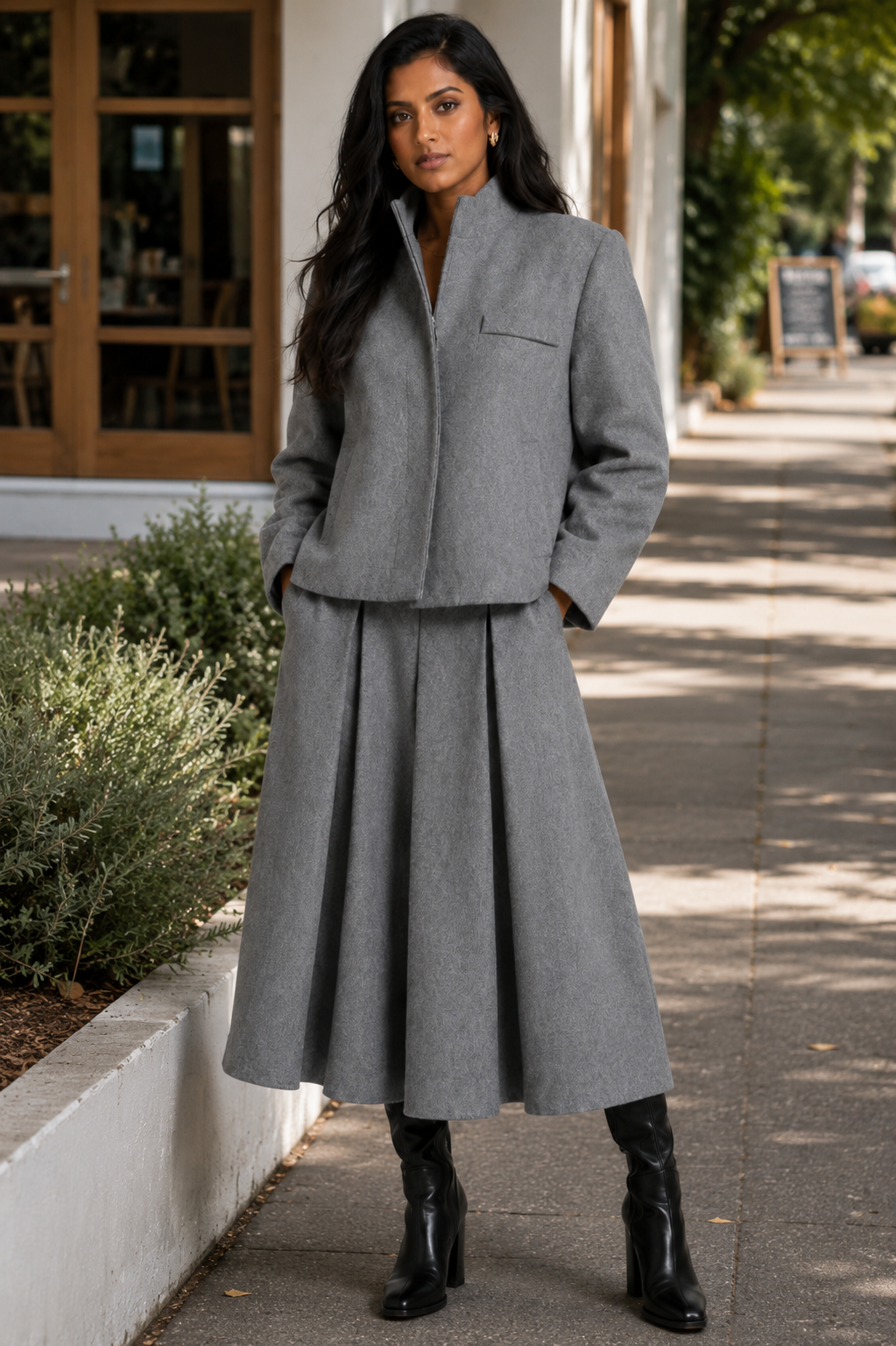 Odette Grey Blazer & Pleated Skirt Set