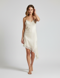 Vianne Lace-Trim Satin-Look Asymmetric Mini Dress