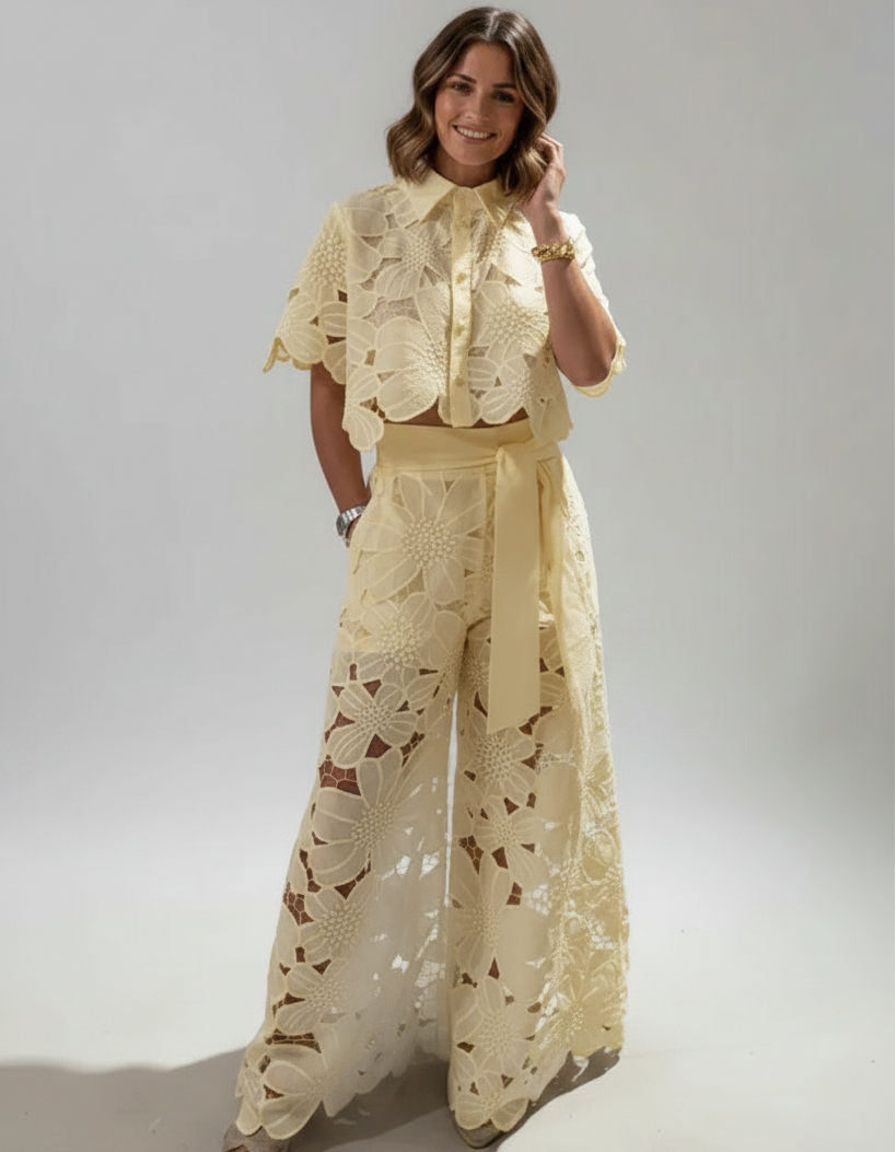 Solene Lace Top & Wide-Leg Trouser Set