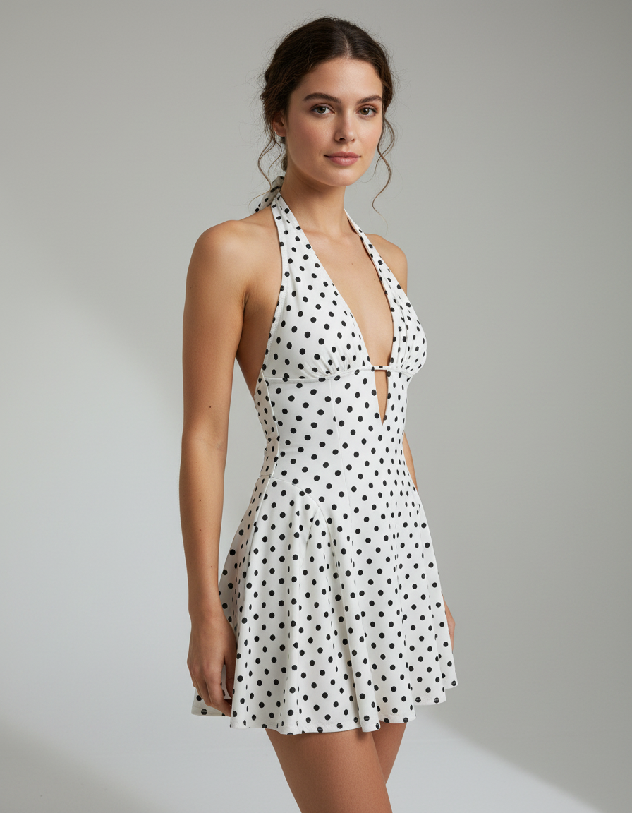 Amandine Polka-Dot Deep-V Halter Mini Dress