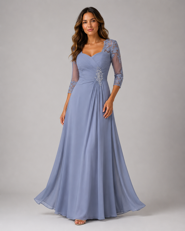 Gaia Lace-Applique Chiffon Formal Maxi Dress