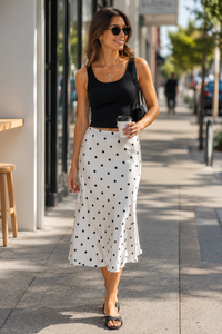 Seren Polka-Dot Satin-Look Fishtail Midi Skirt