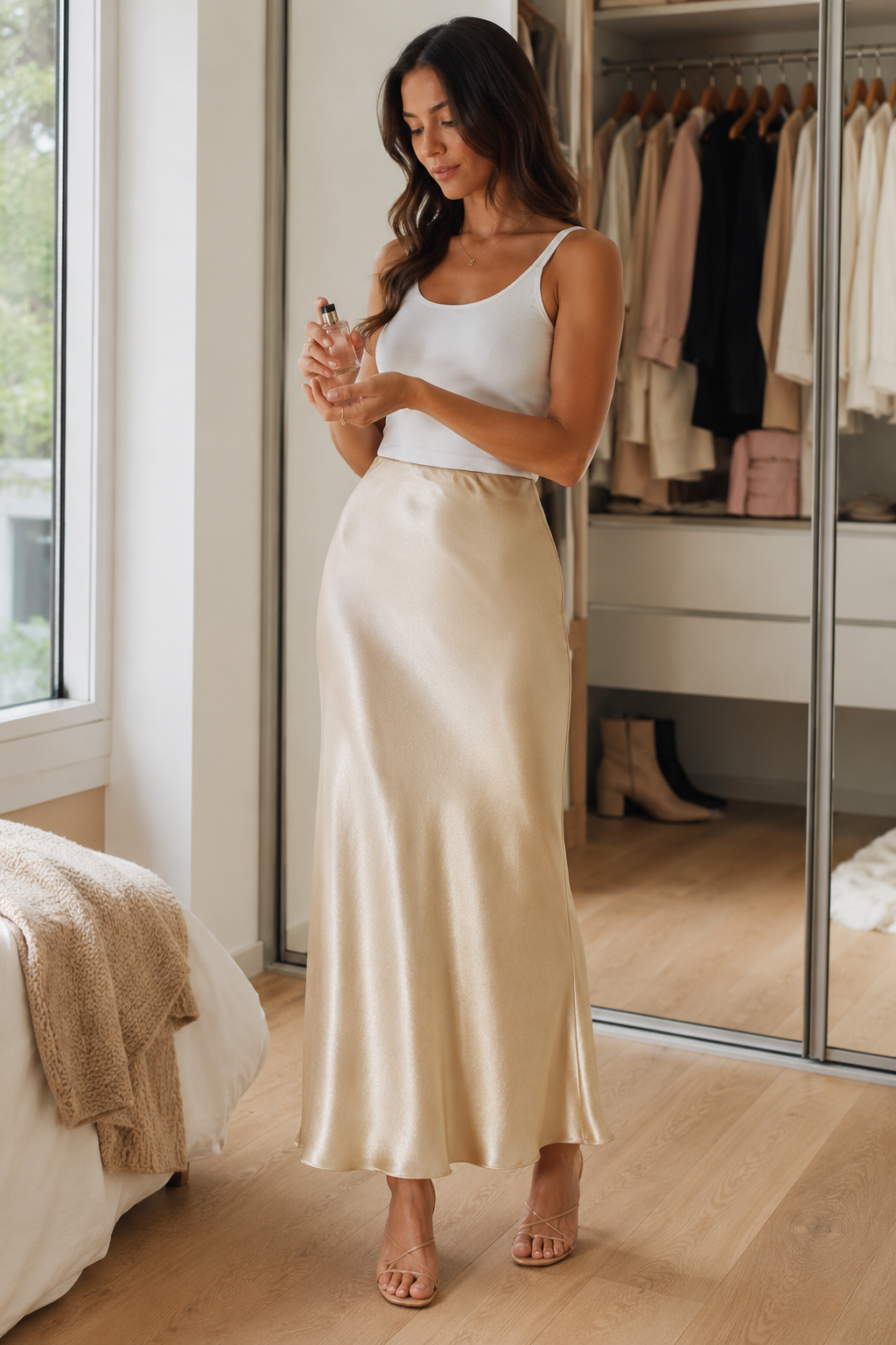 Odelia Satin-Look High-Waist Midi Skirt