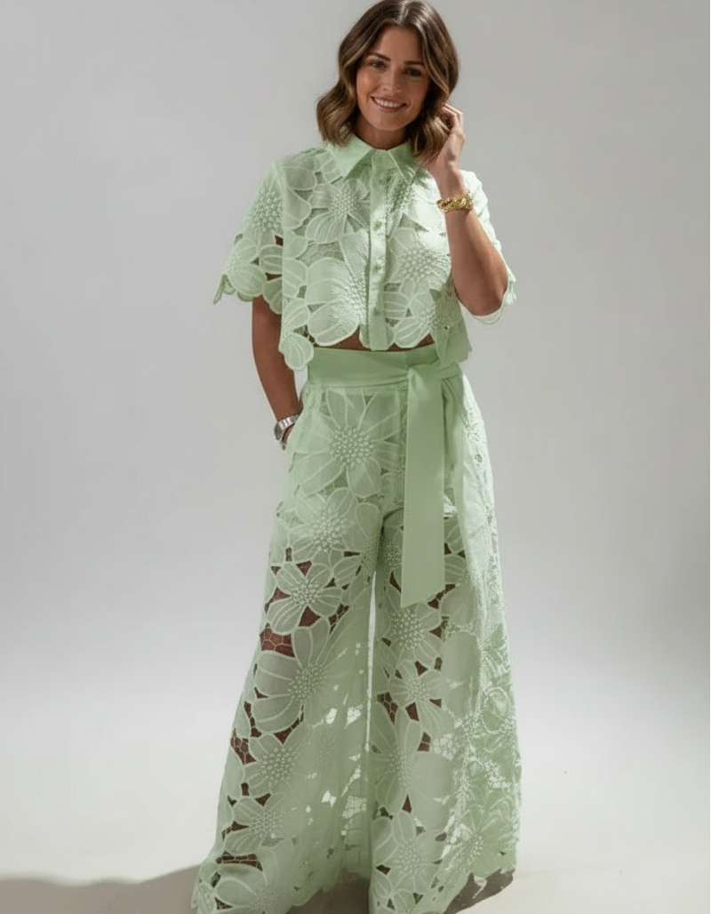 Solene Lace Top & Wide-Leg Trouser Set