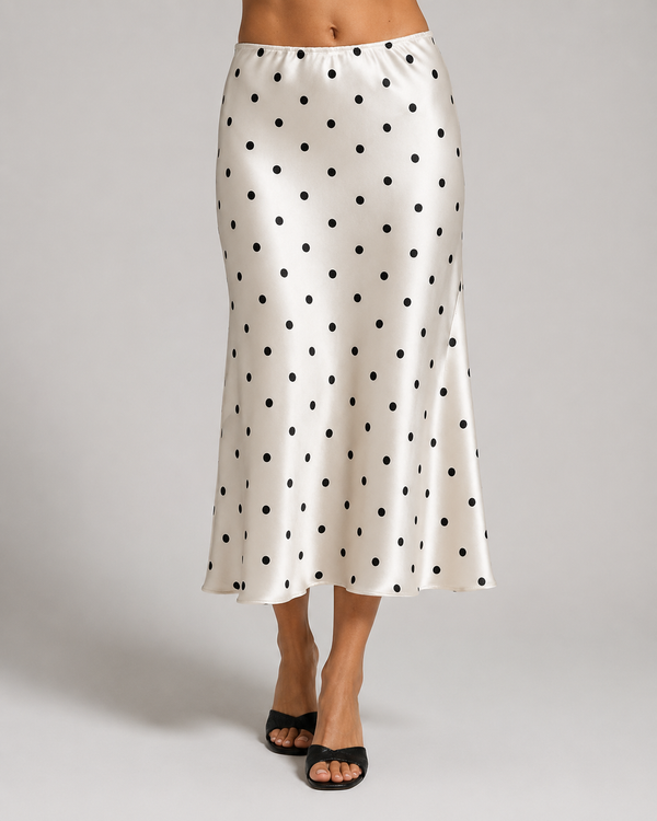 Seren Polka-Dot Satin-Look Fishtail Midi Skirt