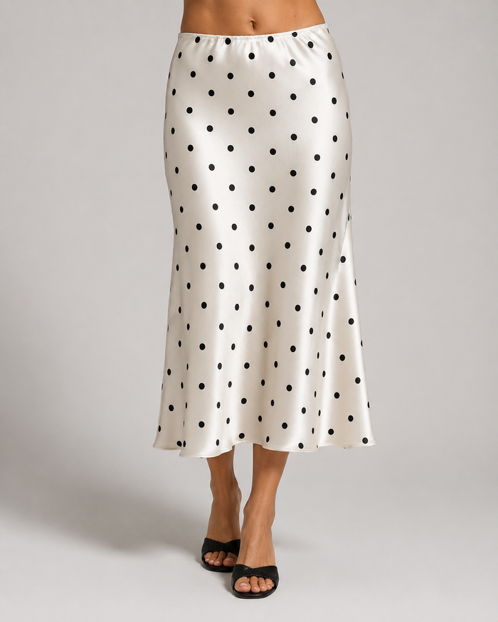 Seren Polka-Dot Satin-Look Fishtail Midi Skirt