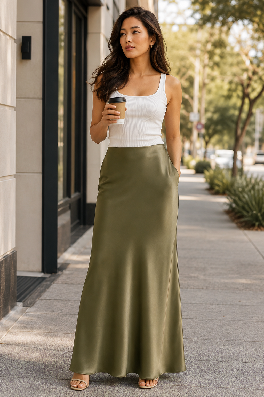 Calla Satin-Look High-Waist Midi Skirt