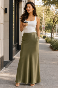 Calla Satin-Look High-Waist Midi Skirt