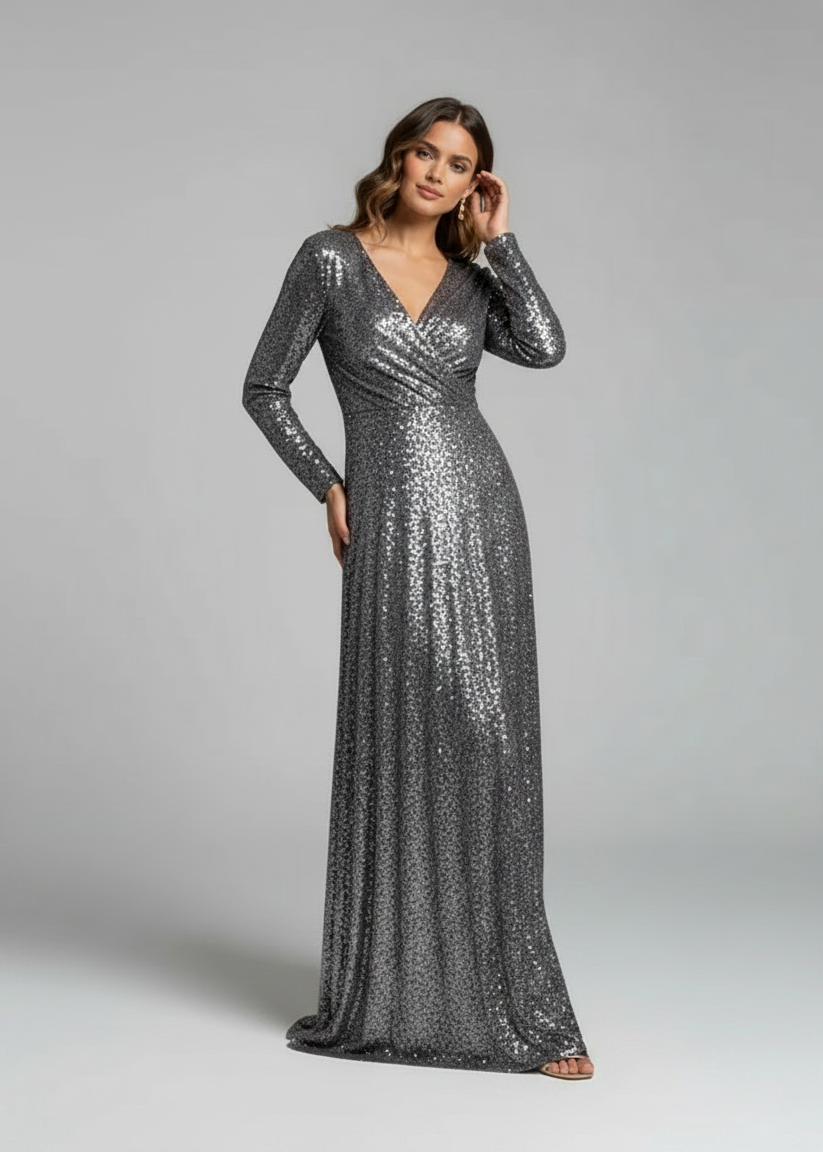 Willa Sequin Long-Sleeve Evening Maxi Dress