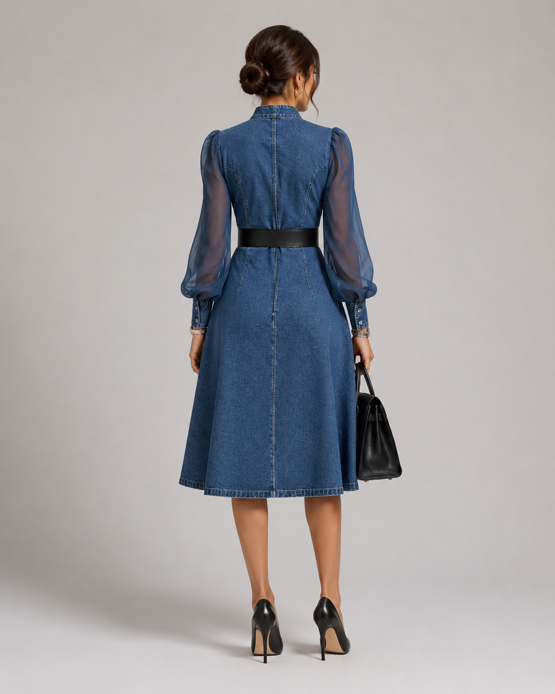 Winnie Denim & Tulle Puff-Sleeve Maxi Dress