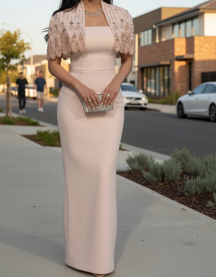 Fiorella Beaded Evening Maxi Dress with Cape