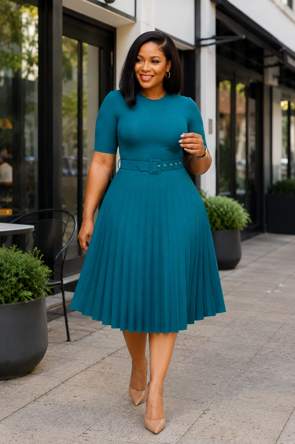 Primrose Belted Pleated Midi Dress