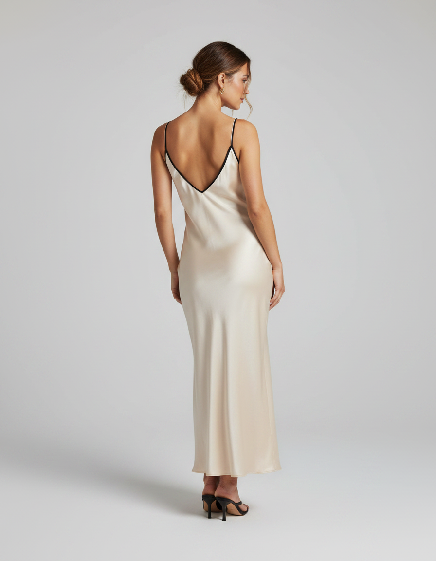 Nina Satin-Look Contrast-Trim Midi Slip Dress