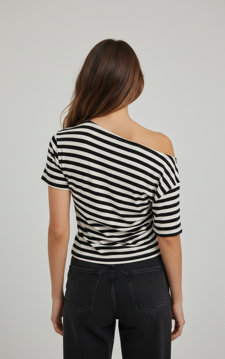 Selene Striped Off-Shoulder Crop T-Shirt