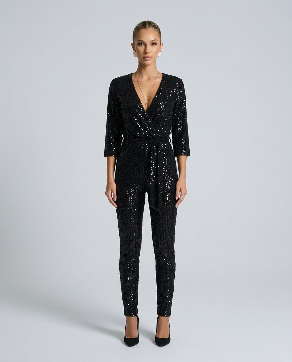 Aubrey Long-Sleeve Sequin Wide-Leg Jumpsuit in Black – product image 1