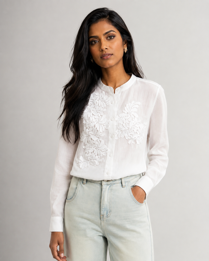 Estelle Stand-Collar Lace-Applique Blouse