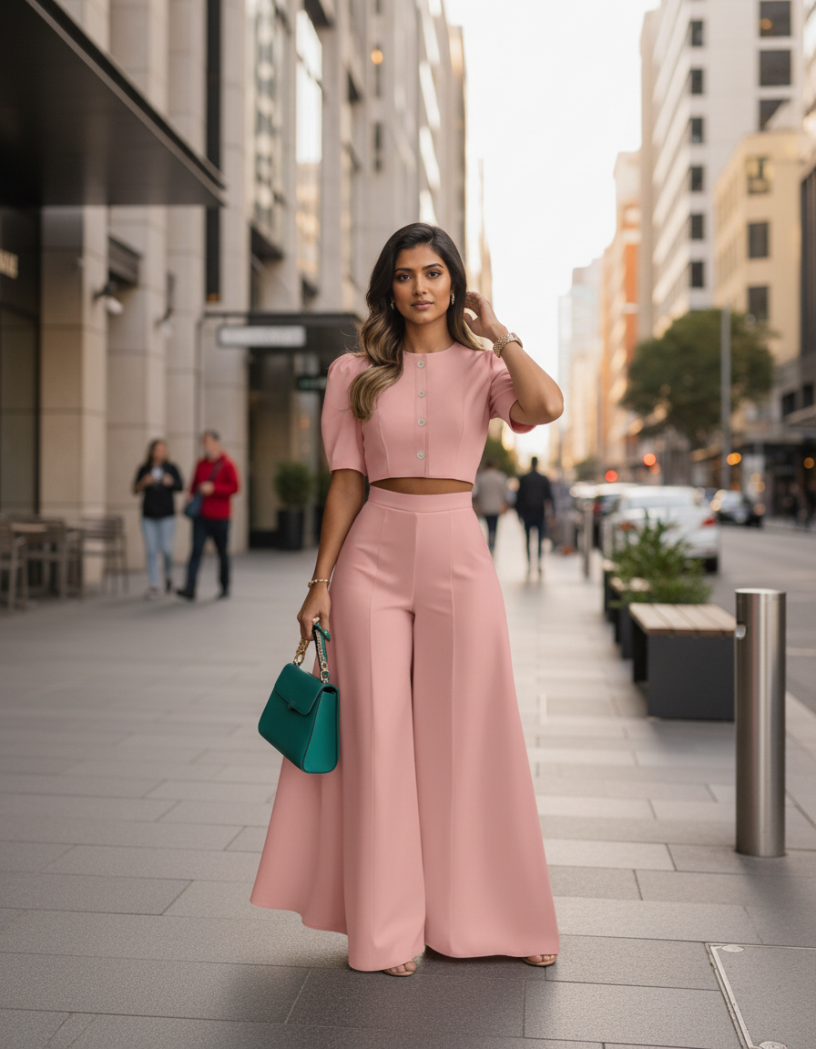 Adeline Puff-Sleeve Top & Wide-Leg Trouser Set