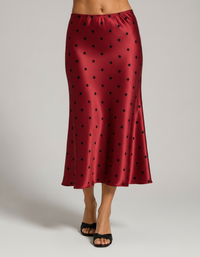 Seren Polka-Dot Satin-Look Fishtail Midi Skirt