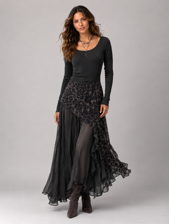 Kerensa Knit Top & Leopard-Print Chiffon Skirt Set