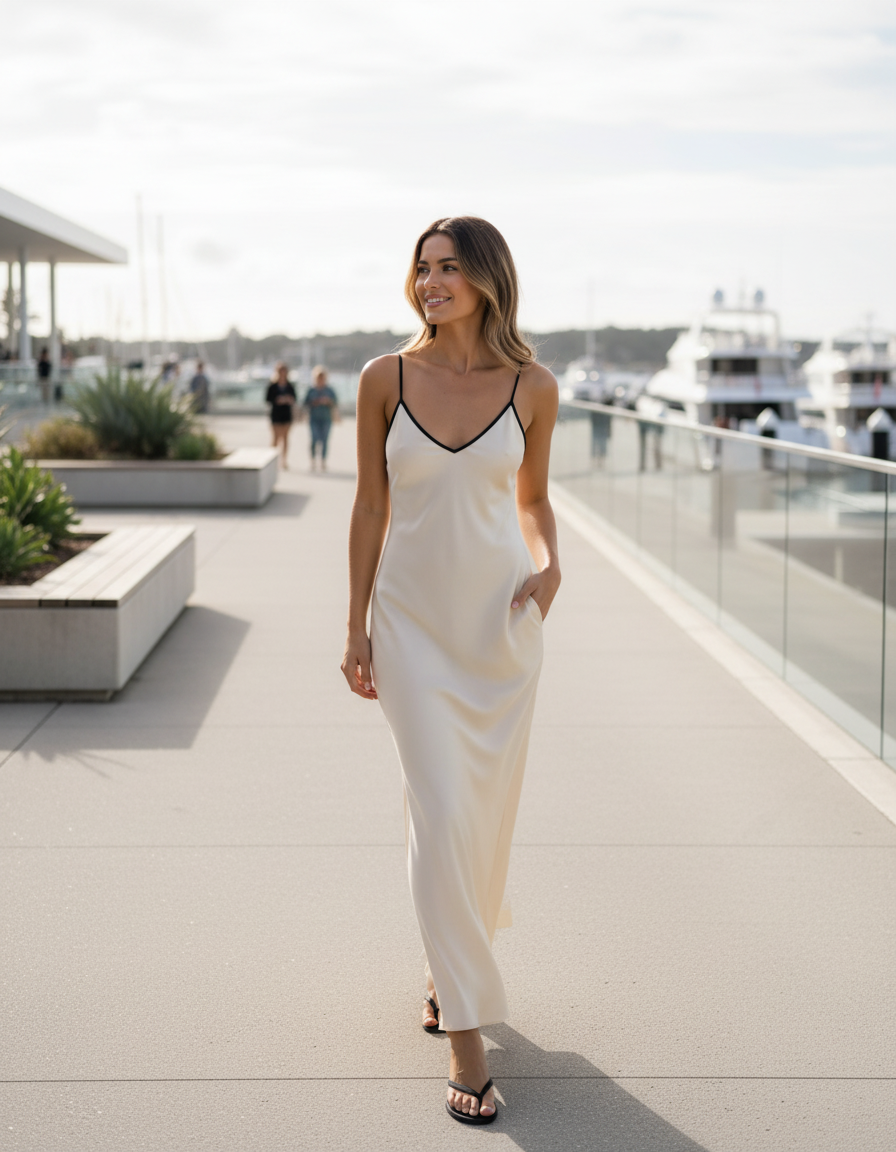 Nina Satin-Look Contrast-Trim Midi Slip Dress