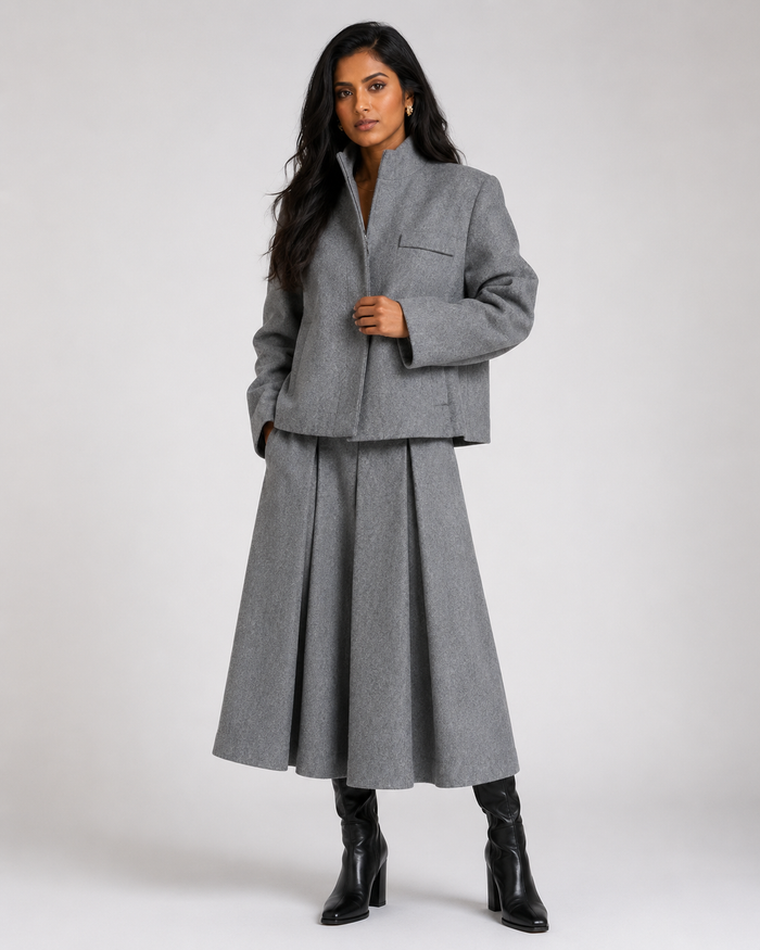 Odette Grey Blazer & Pleated Skirt Set
