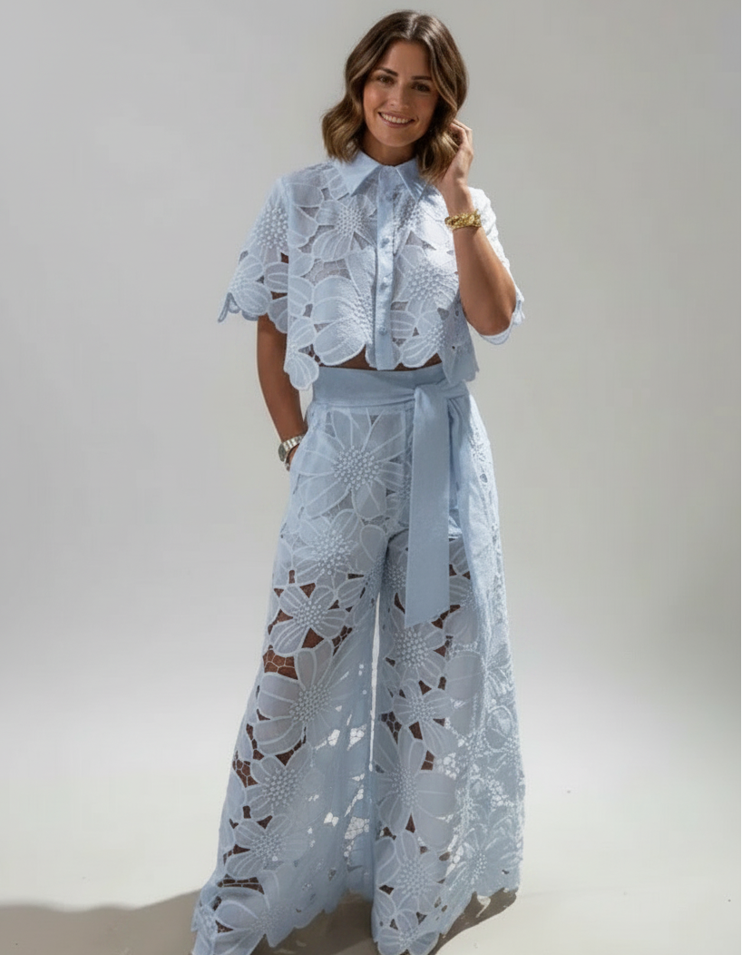 Solene Lace Top & Wide-Leg Trouser Set