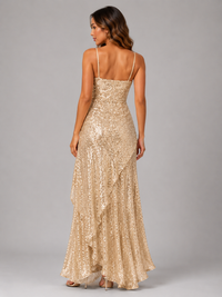 Novalie Sequin Ruffle High-Slit Evening Maxi Dress