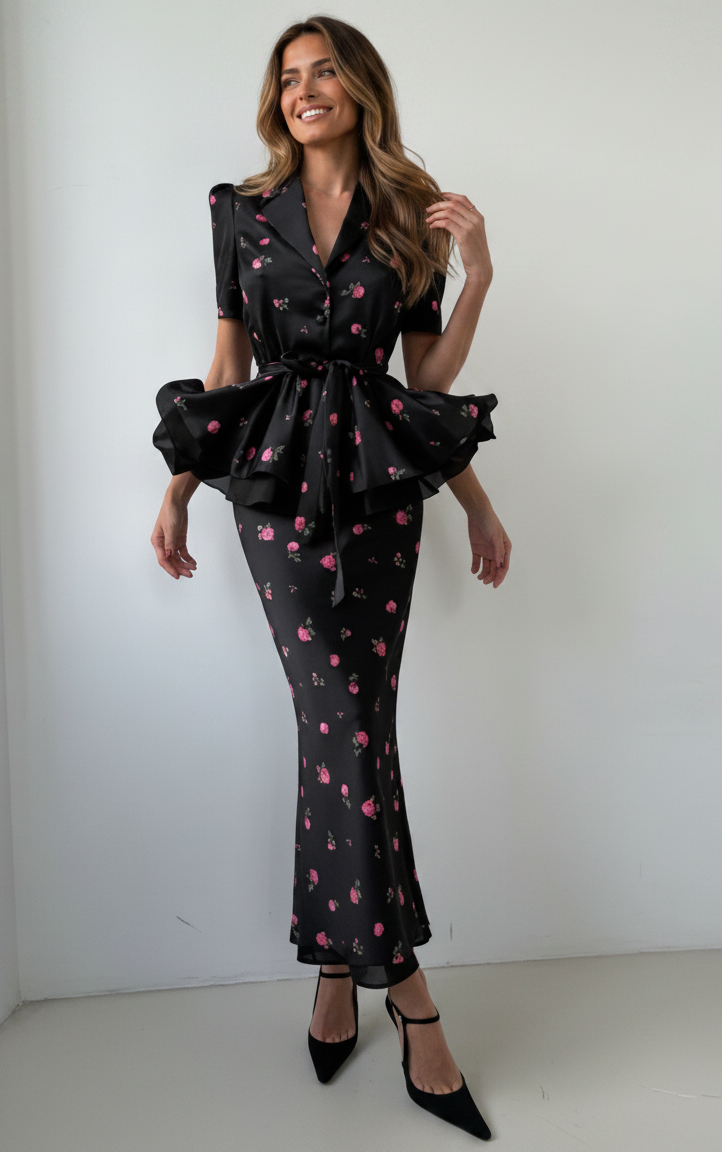 Valencia Floral Satin-Look Shirt & Skirt Set