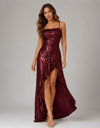 Novalie Sequin Ruffle High-Slit Evening Maxi Dress